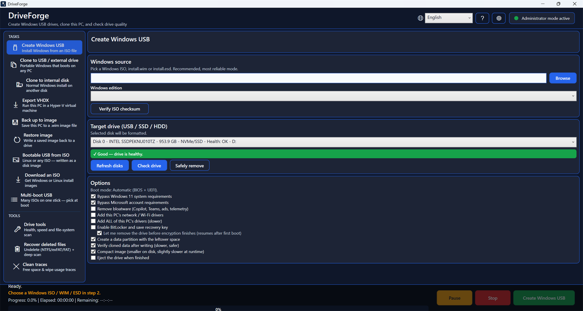 DriveForge main window: creating a bootable Windows USB from an ISO file