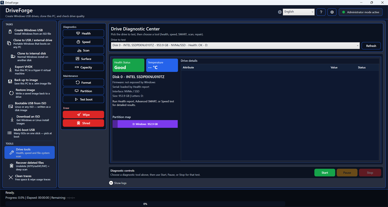 Drive Diagnostic Center showing health, temperature and a partition map
